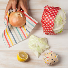 Load image into Gallery viewer, Gingham Dot and Stripe Beeswax Wrap Set of 3